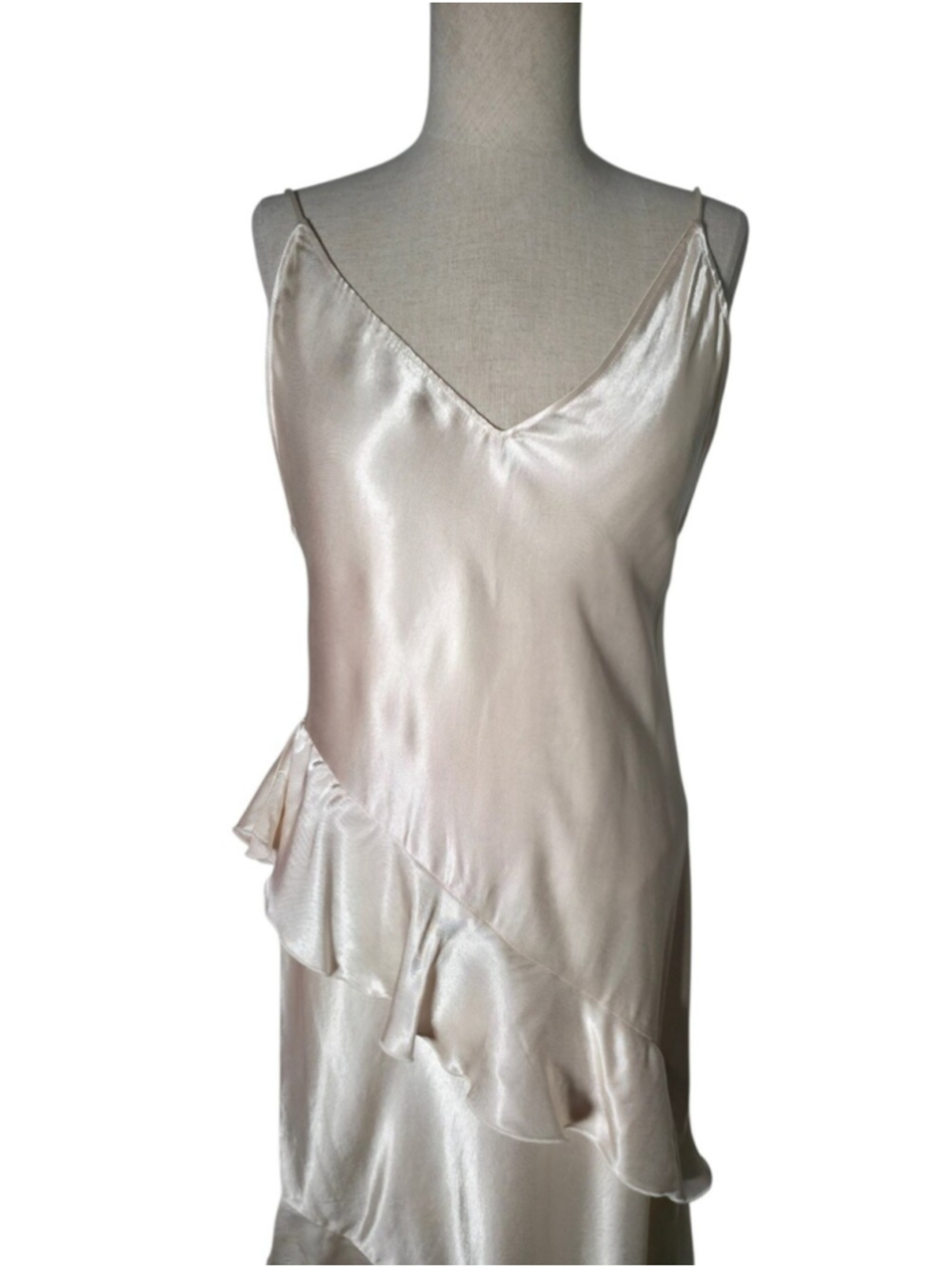 H&M Satin Slip Dress Cream Ivory Ruffle Midi Dress Asymmetrical Hem V Neck S - Picture 8 of 12